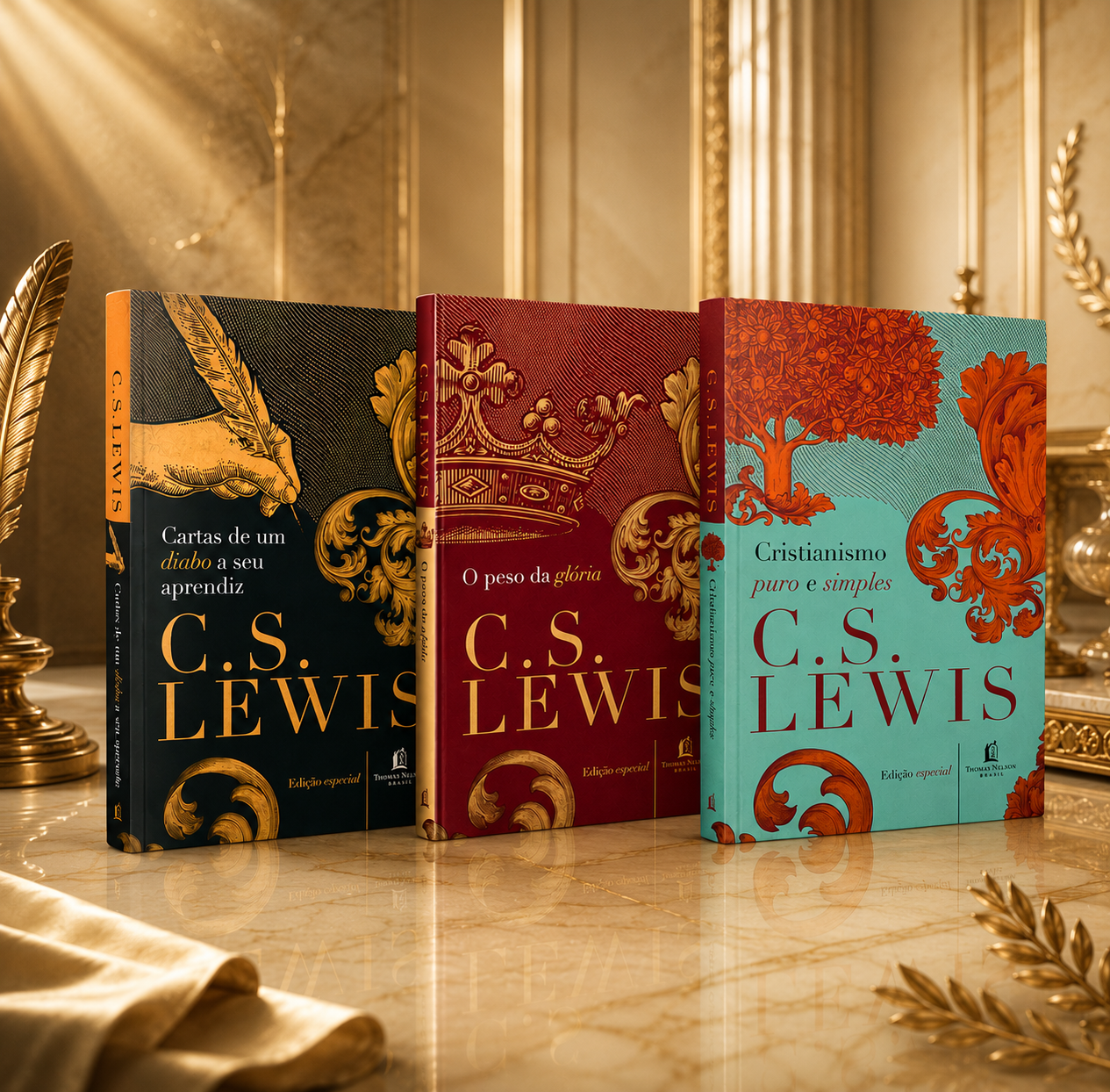 Coleção Grandes Sucessos de C.S. Lewis — três livros em capa dura sobre superfície de mármore